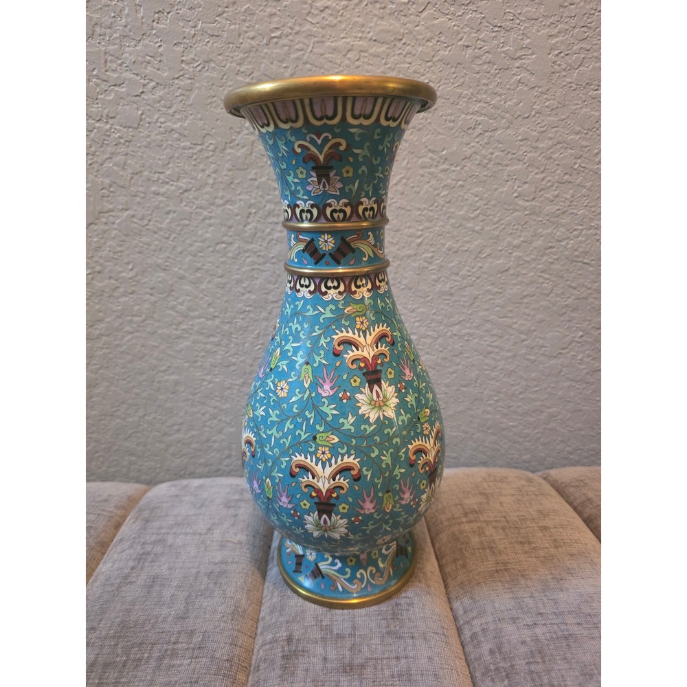 Vintage Chinese Cloisonne Enamel Copper Vase Turquoise Blue Floral 12 Inch